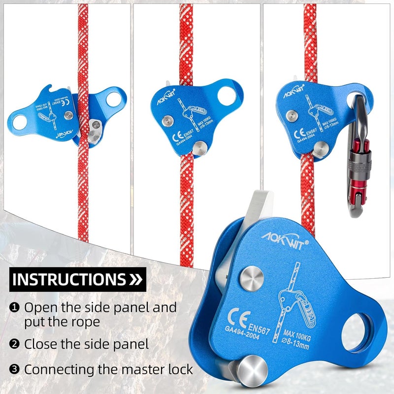 AOKWIT Climbing Ascender Rope Grab Fall Protection Belay Device Tree Climbing Gear Rappelling Equipment Rope Ascender for Rock Climbing Mountaineering Arborist Caving Rescue Aerial Work 8-12mm Ropes - Image 5
